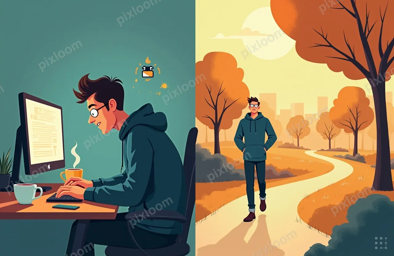 Two-panel split illustration, side by side, divided by a thi
