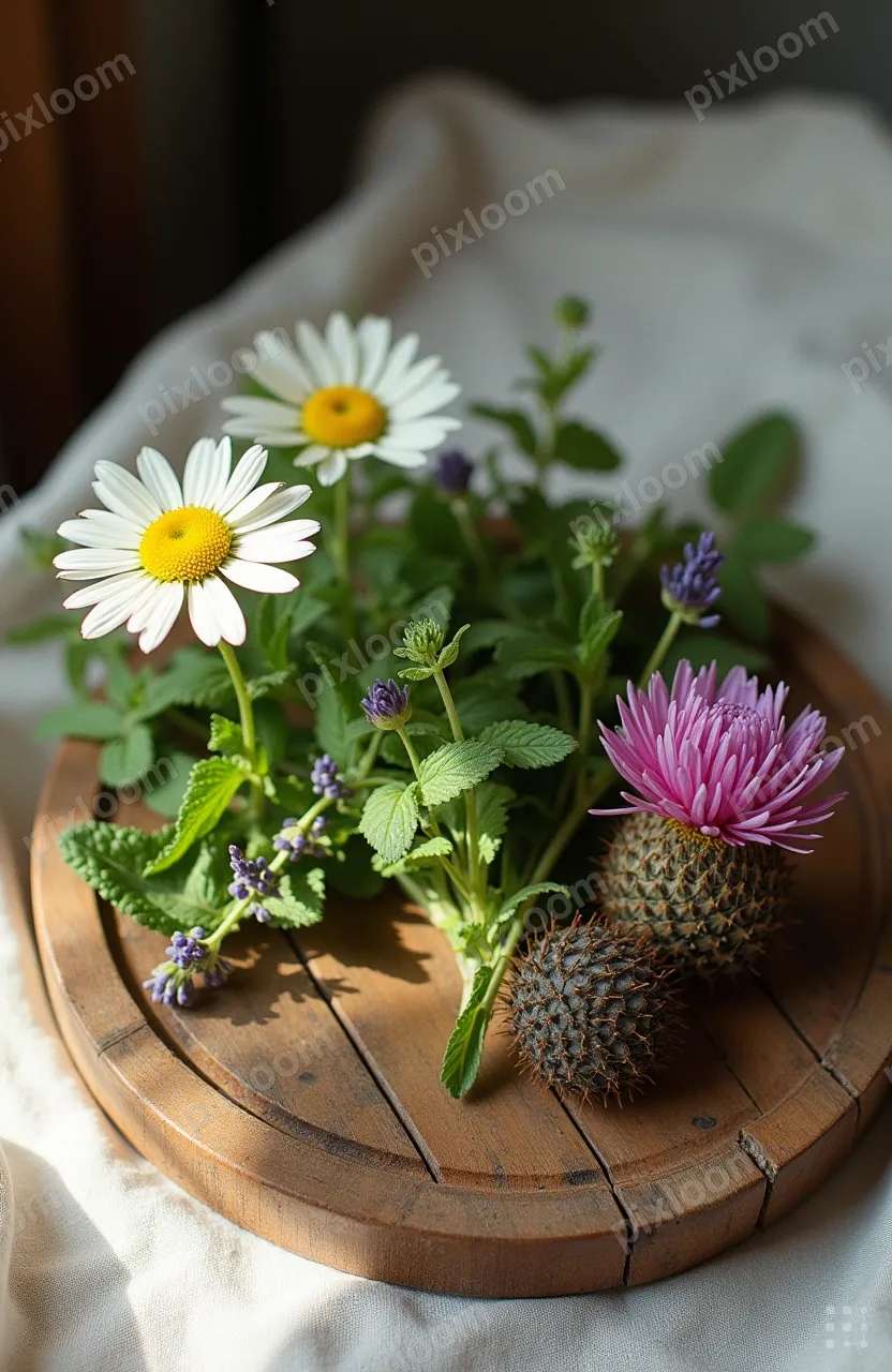 Vintage botanical illustration of healing herbs — chamomile,