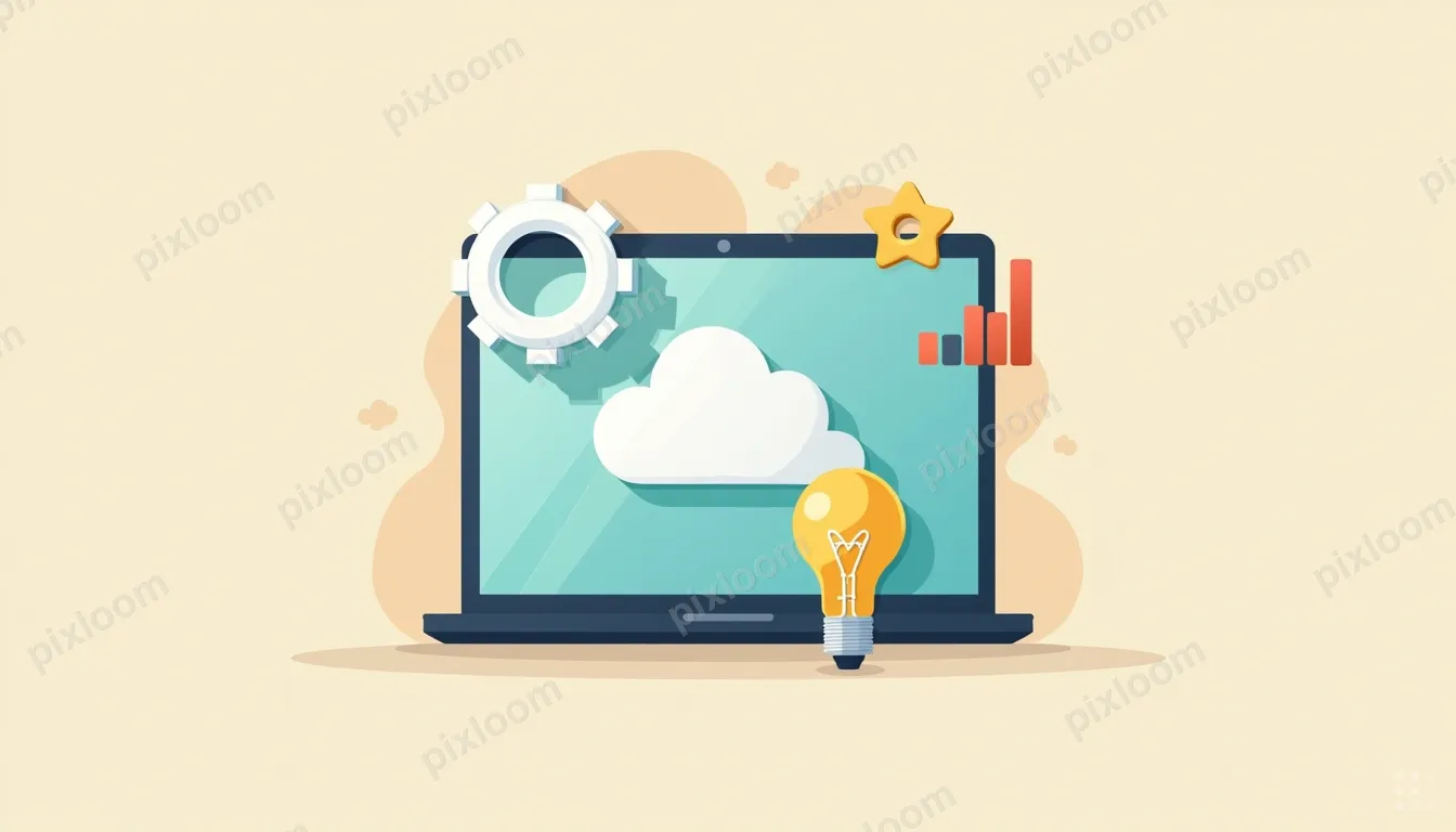 Flat icon set — laptop, smartphone, cloud, gear, lightbulb, 