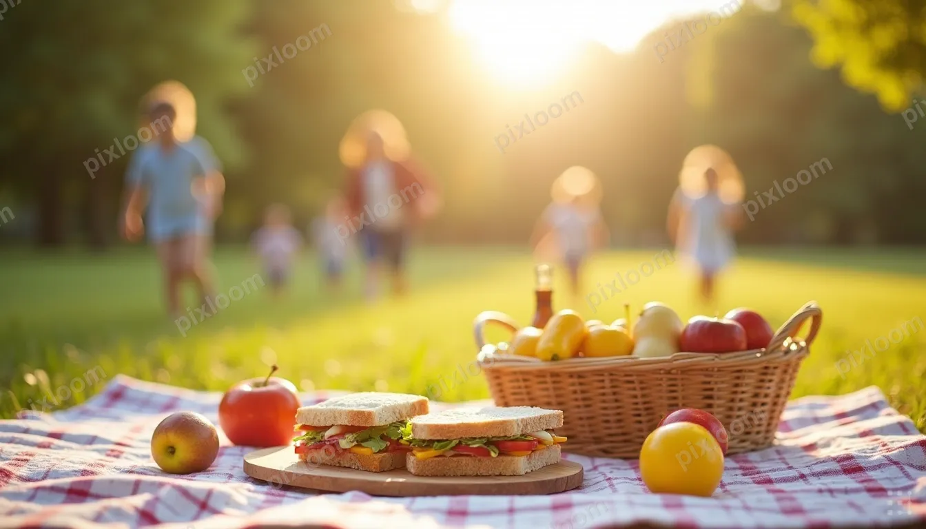 Family picnic on a checkered blanket, park setting, sandwich