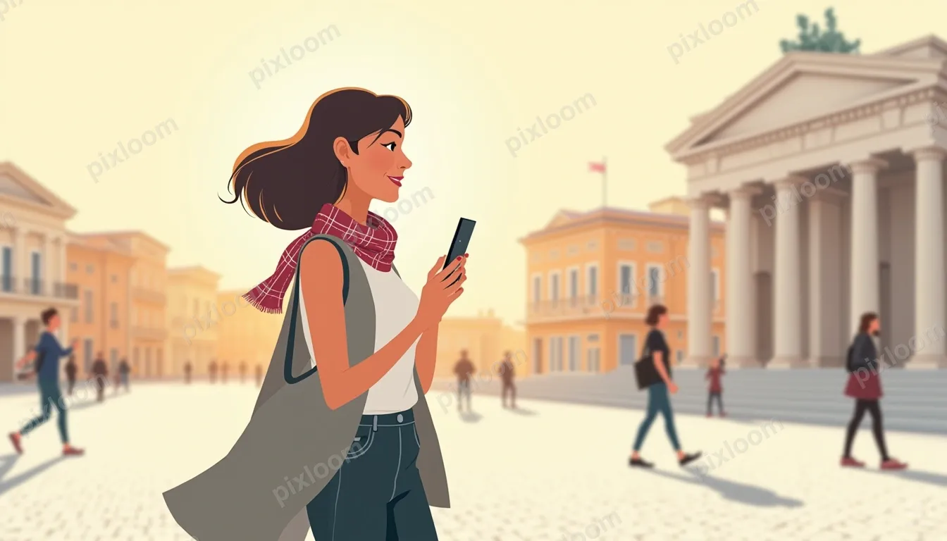 A smiling woman walks through a city square, looking at her 