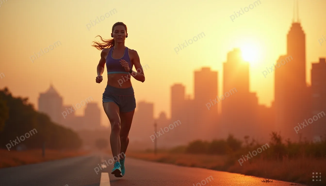 Woman running on a city trail at sunrise, earbuds in, determ
