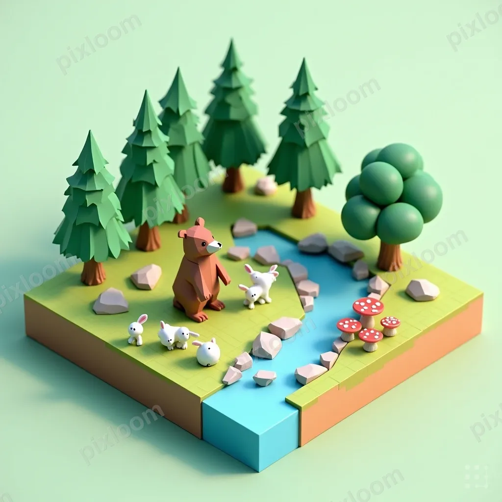 Isometric wildlife scene — forest clearing with bear, rabbit