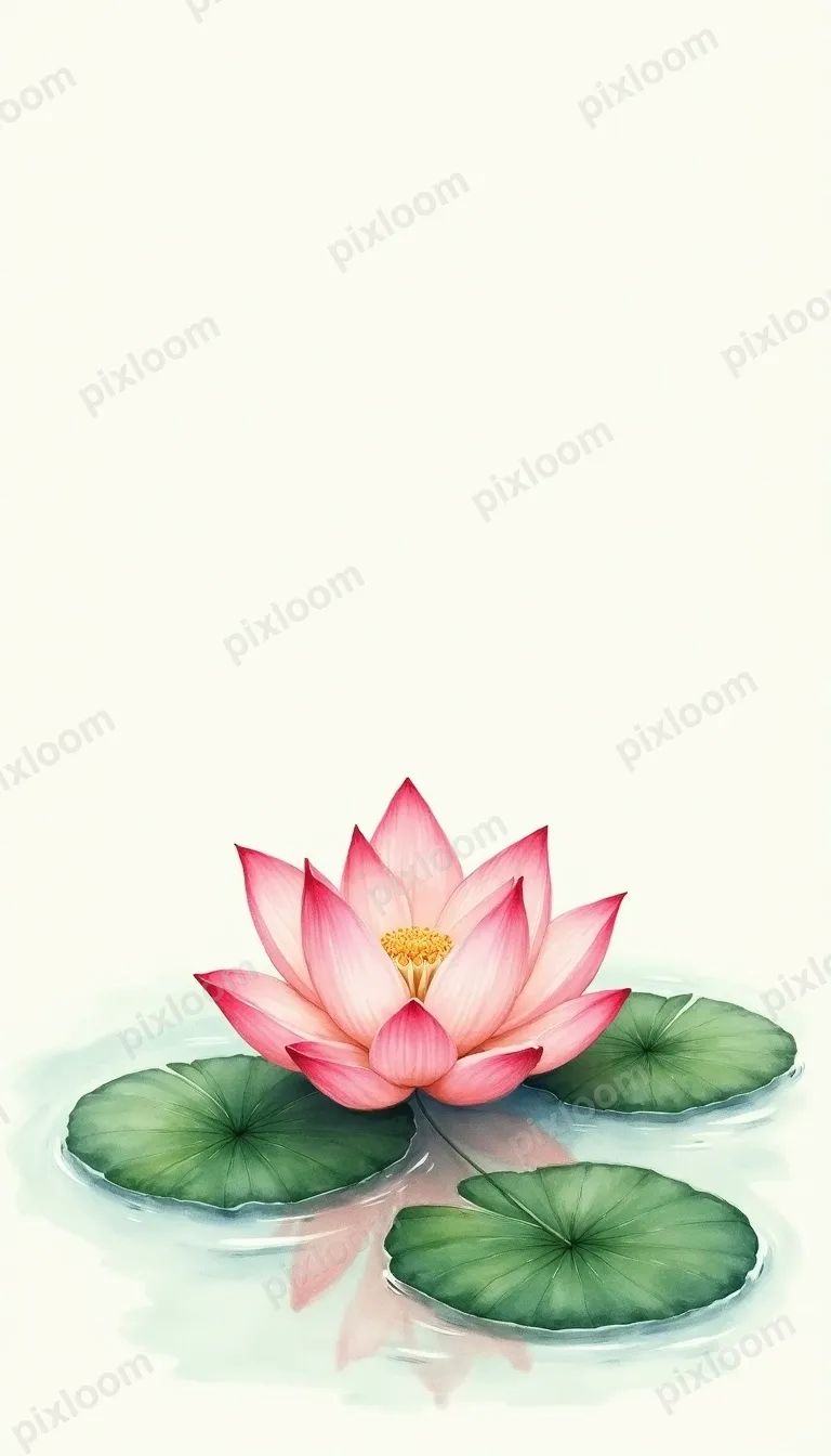Watercolor of a lotus flower on calm water, soft pink petals