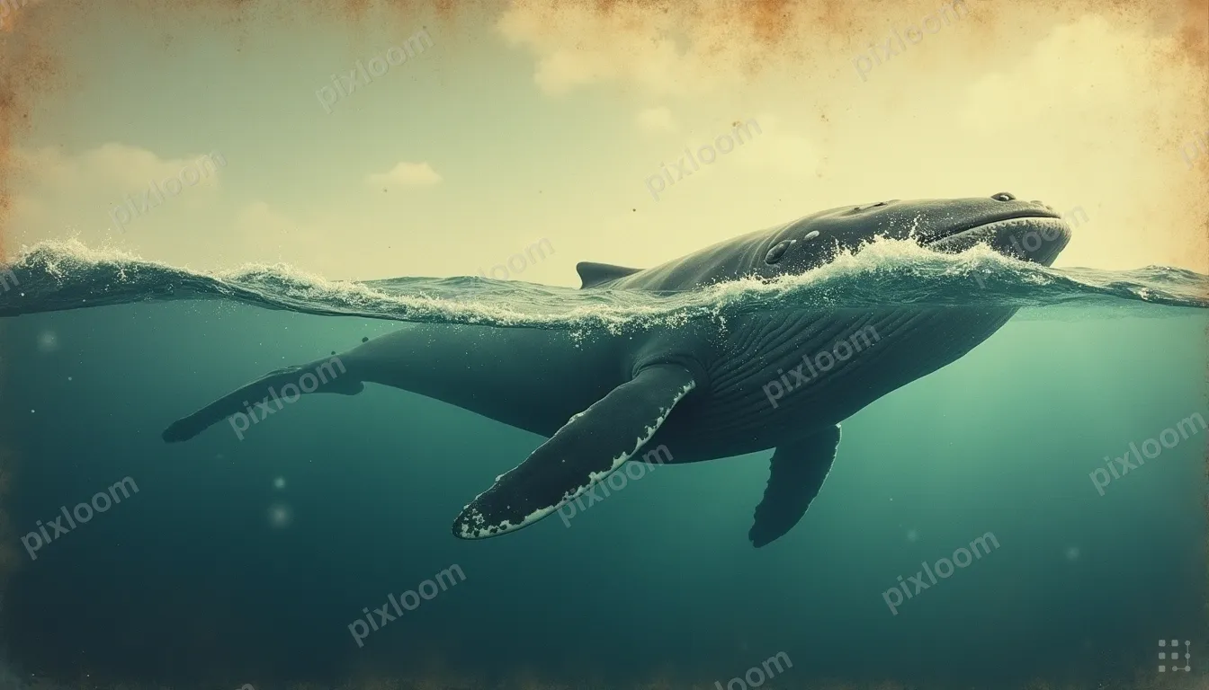 Vintage-style illustration of a whale in the ocean, aged pap