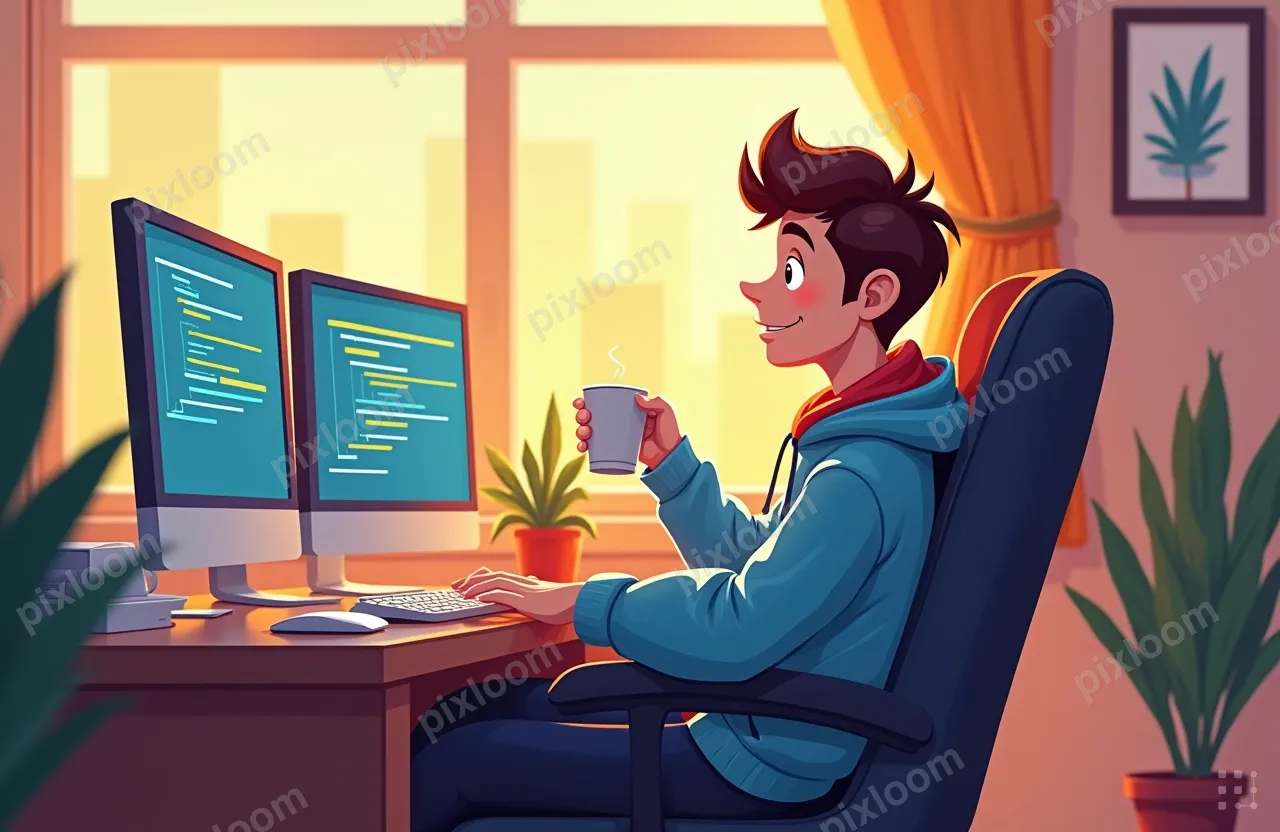 A relaxed engineer in a hoodie leaning back in a chair, coff