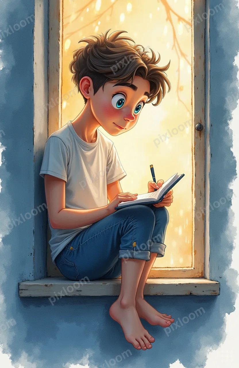 Young person journaling in a window seat, rain outside, fair