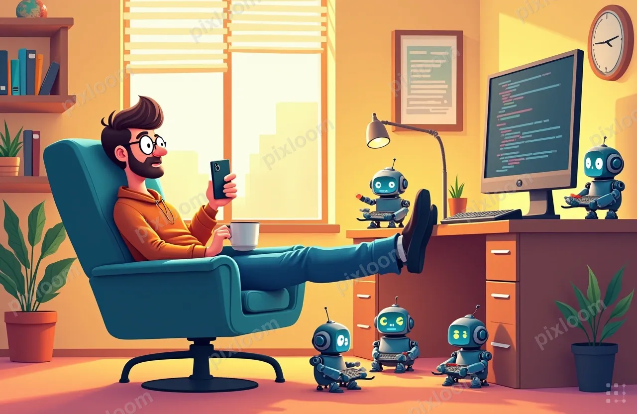 A software engineer lounging in an office chair, leaning far