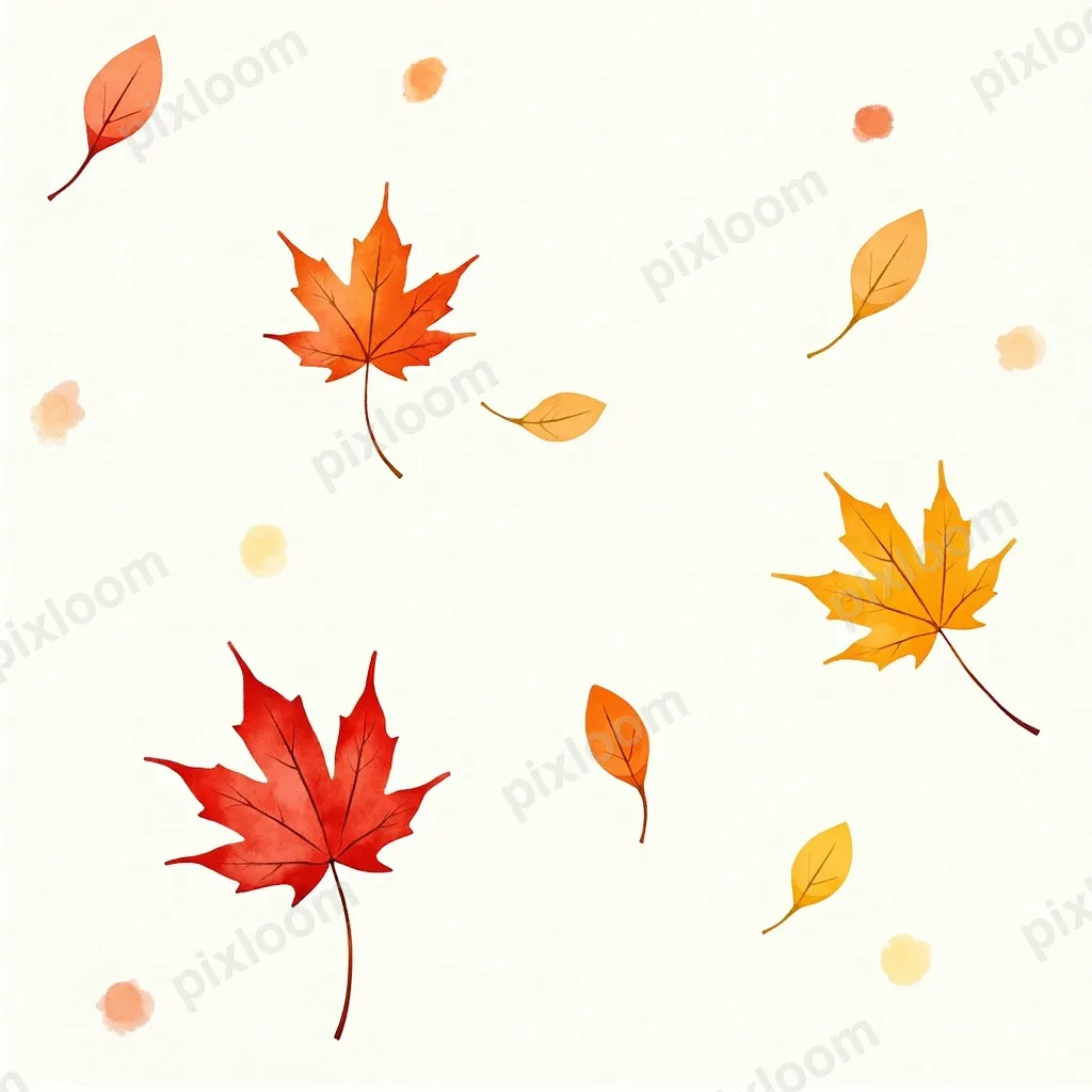 Watercolor autumn leaves scattered on white, maple and oak v