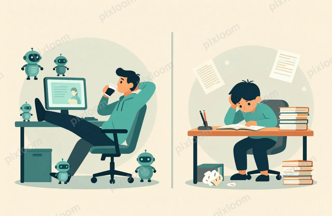Two-panel split illustration, side by side, divided by a thi