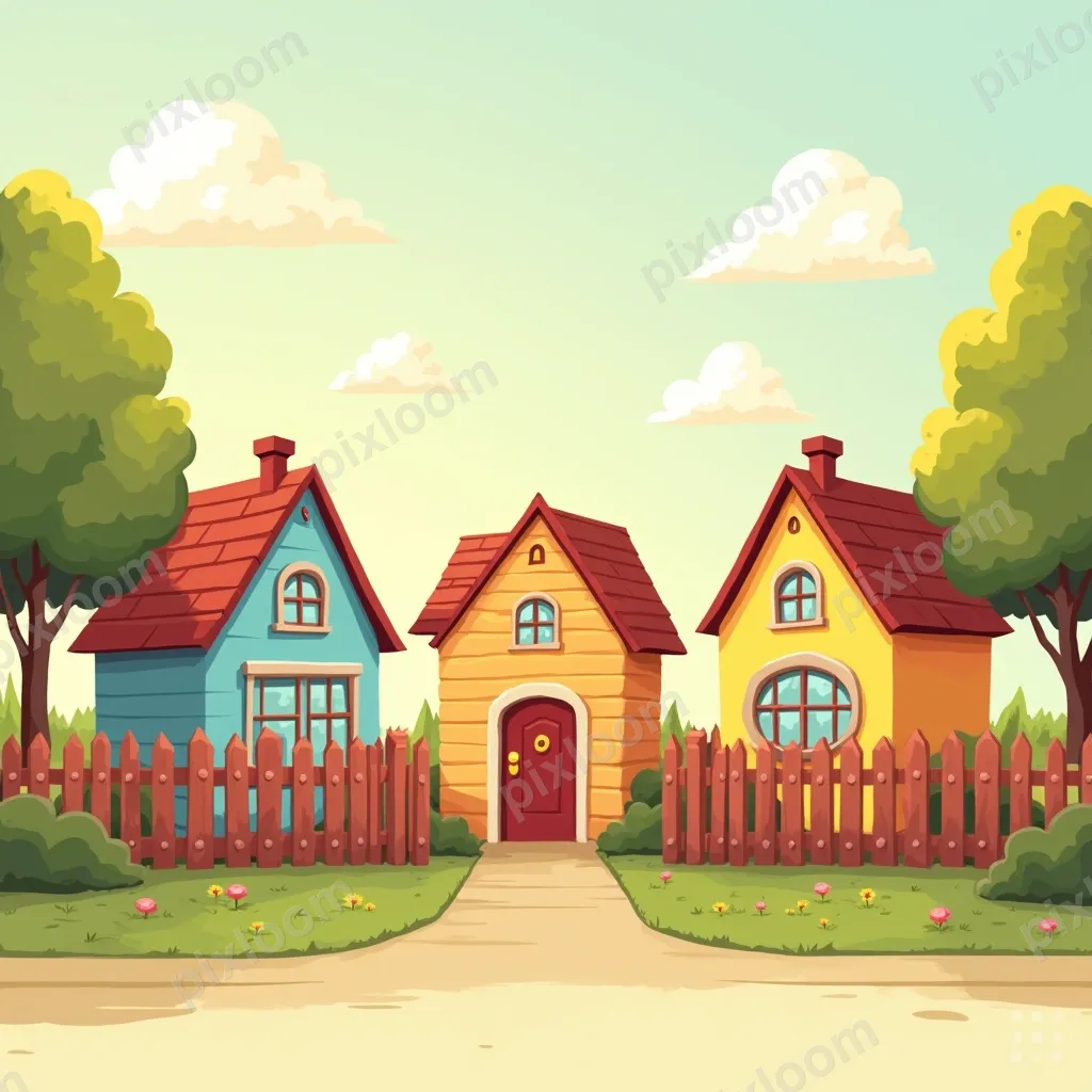 Cartoon neighborhood with colorful houses, picket fences, fr