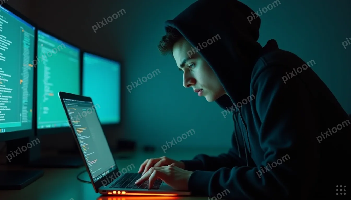 A person in a dark hoodie hunched over a glowing laptop late