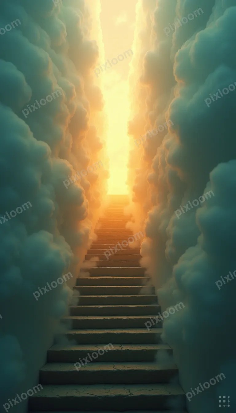 Infinite staircase ascending into clouds, warm golden light 