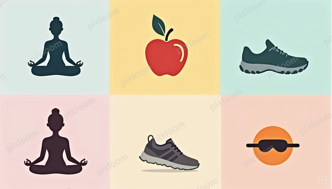 Flat icon set — yoga pose, meditation, apple, running shoe, 