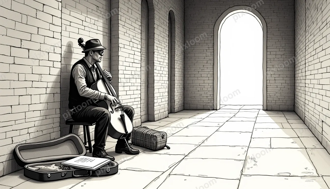 A man in a hat and sunglasses sits on a low stool in a sunli