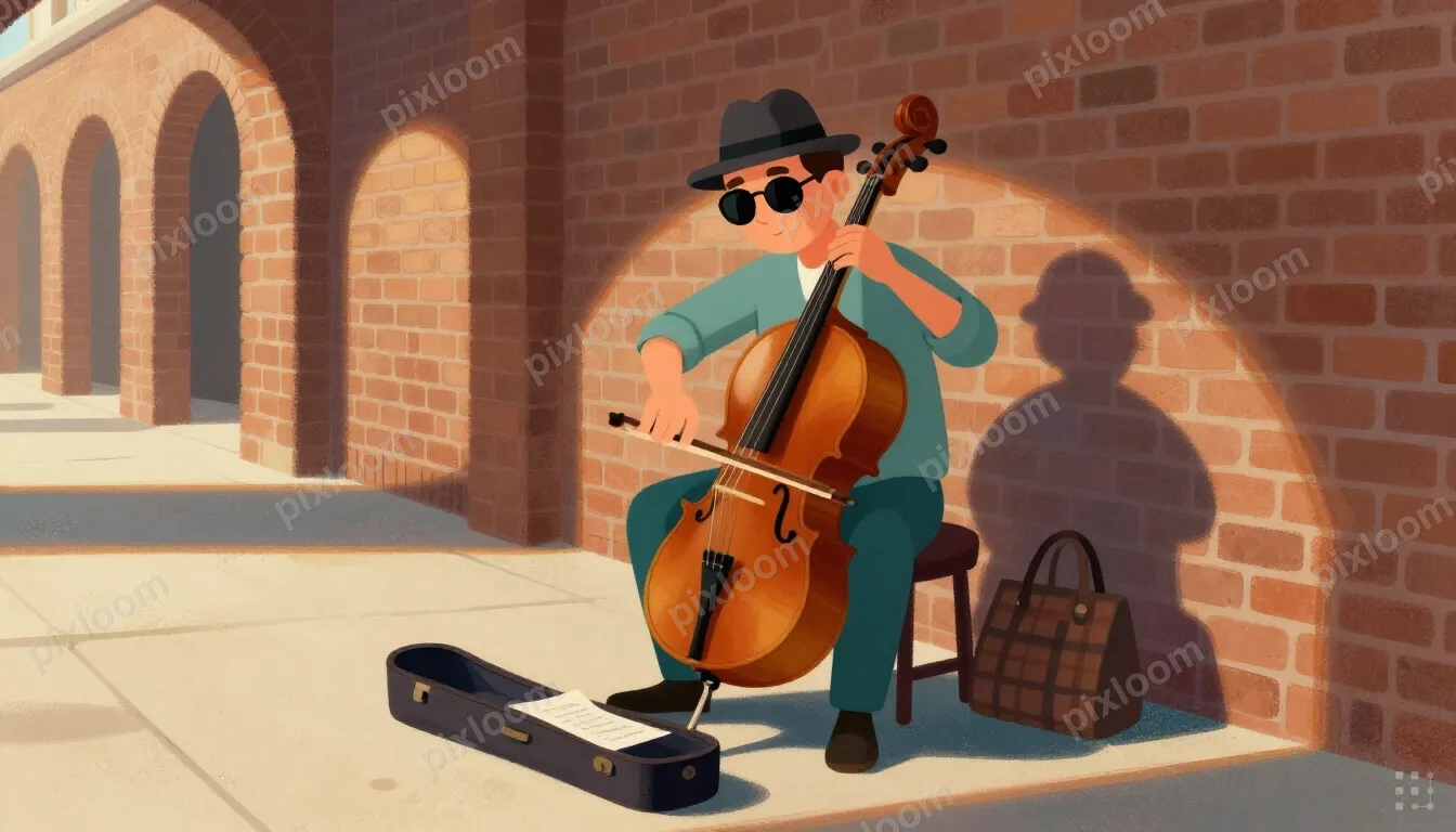 A man in a hat and sunglasses sits on a low stool in a sunli