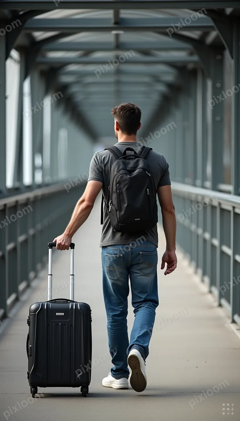 From behind, a man walks along a metal enclosed pedestrian b