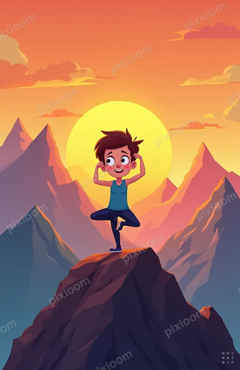 Cartoon character in warrior yoga pose on a mountain summit,