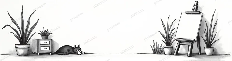 cute pencil sketch of a cozy artist studio with easel, plant