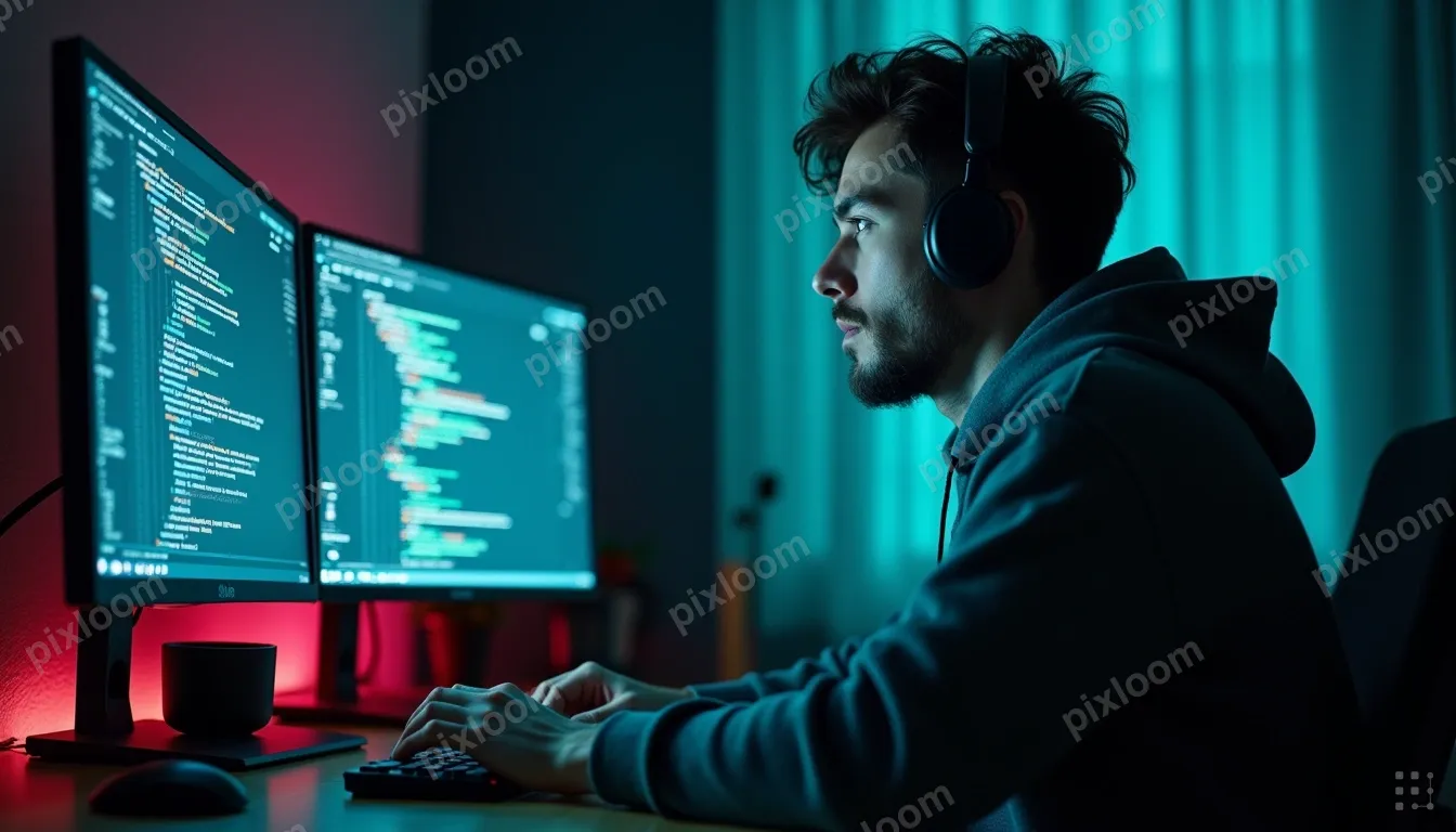 Developer in flow state, dual monitors with code, noise-canc