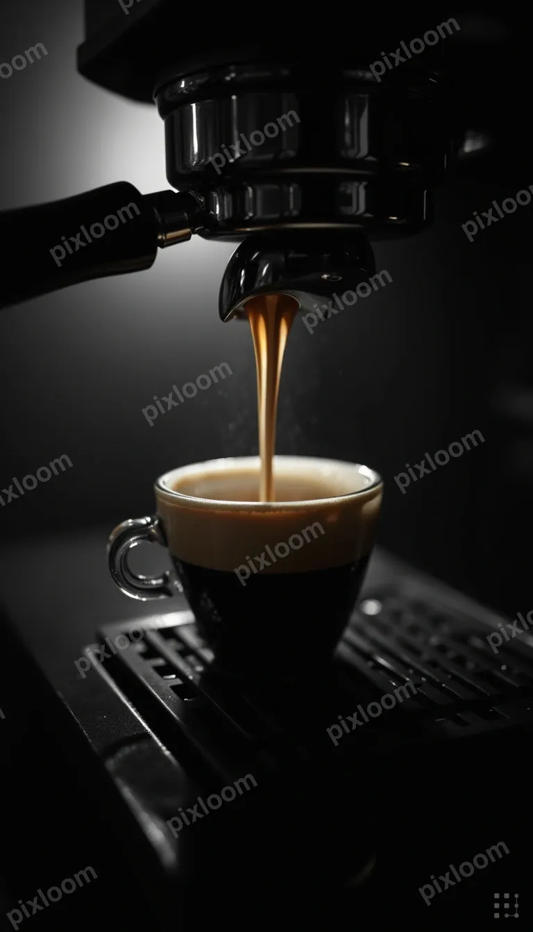 Espresso being extracted from portafilter, rich golden crema