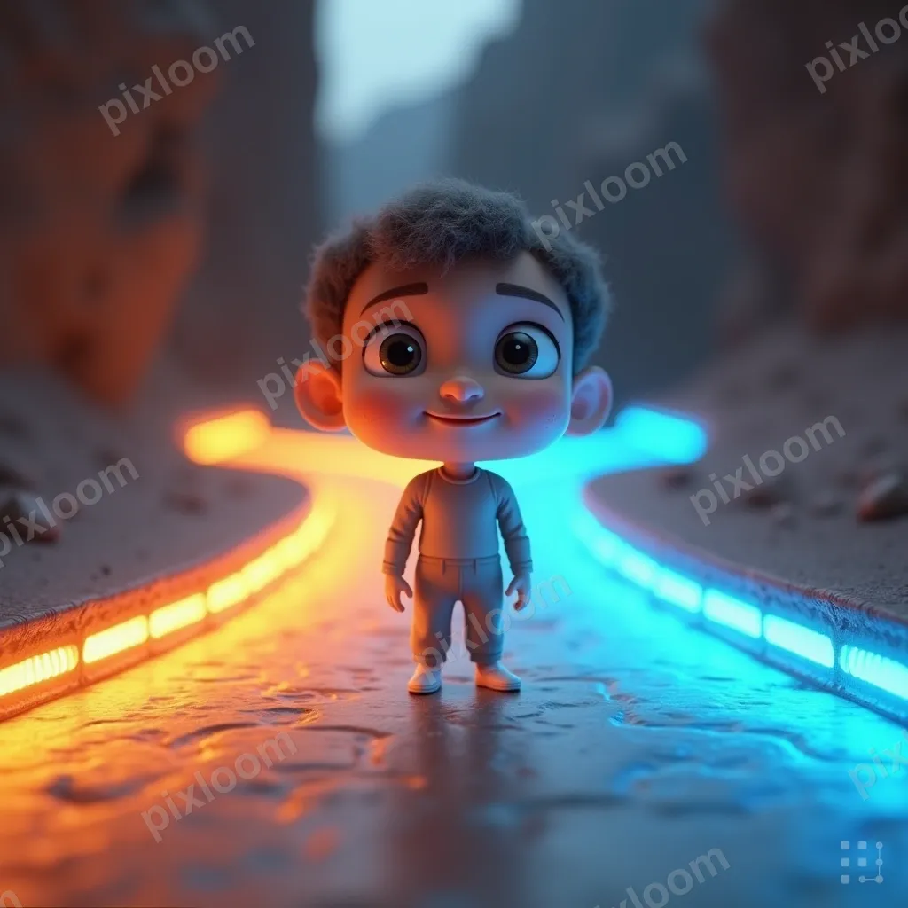 3D rendered figure standing at a fork in an abstract path, o