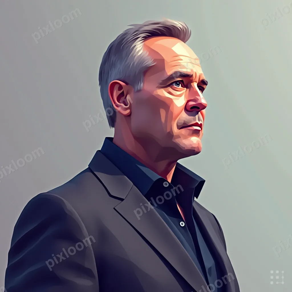 Low-poly geometric portrait of a founder, faceted polygonal