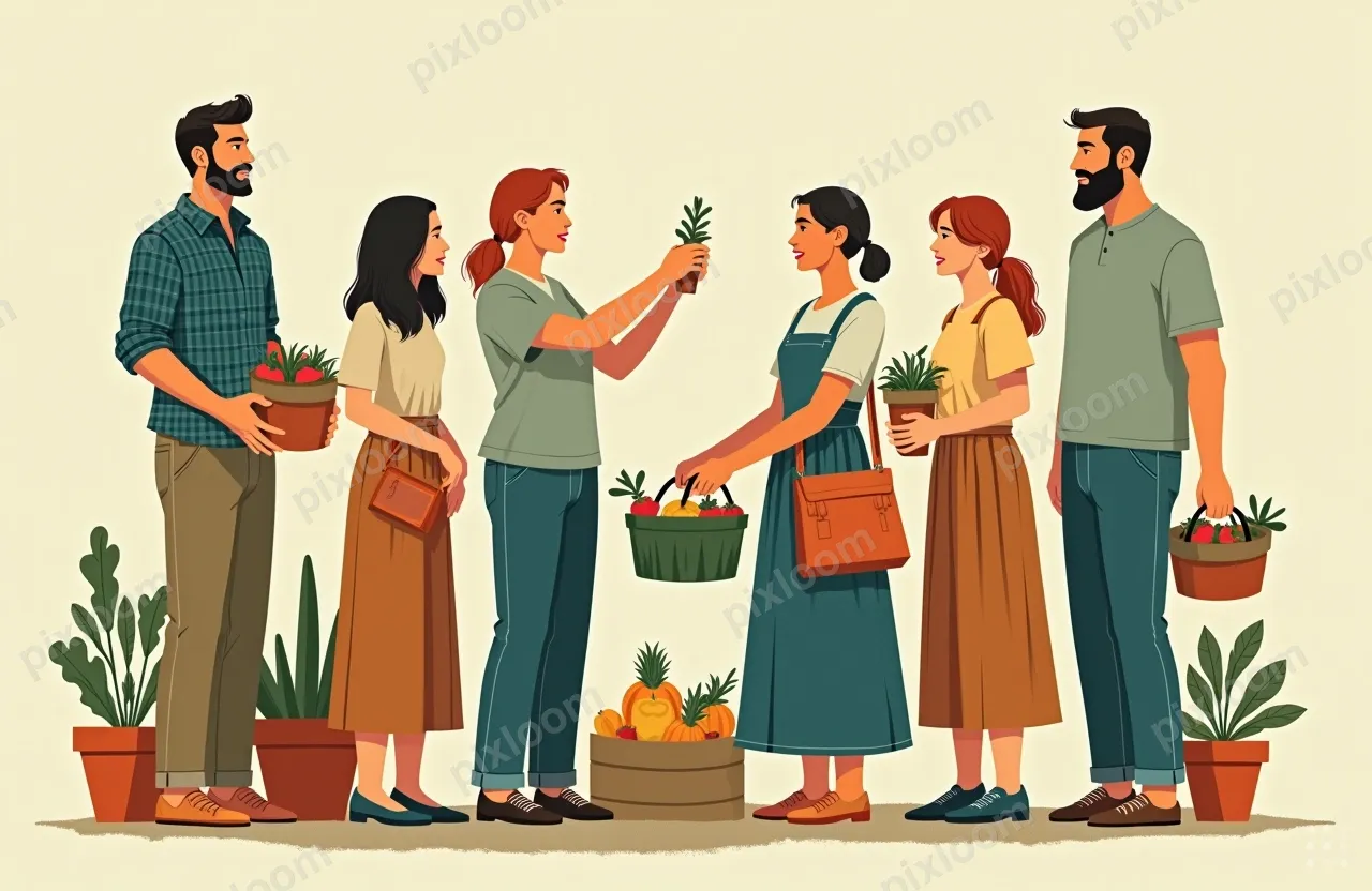 Retro editorial illustration of a neighborhood co-op, people