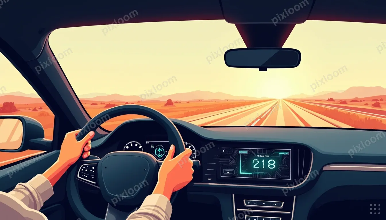 A person's hands gripping a steering wheel. Through the wind