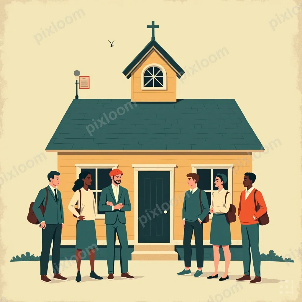 Retro editorial illustration of a classic one-room schoolhou