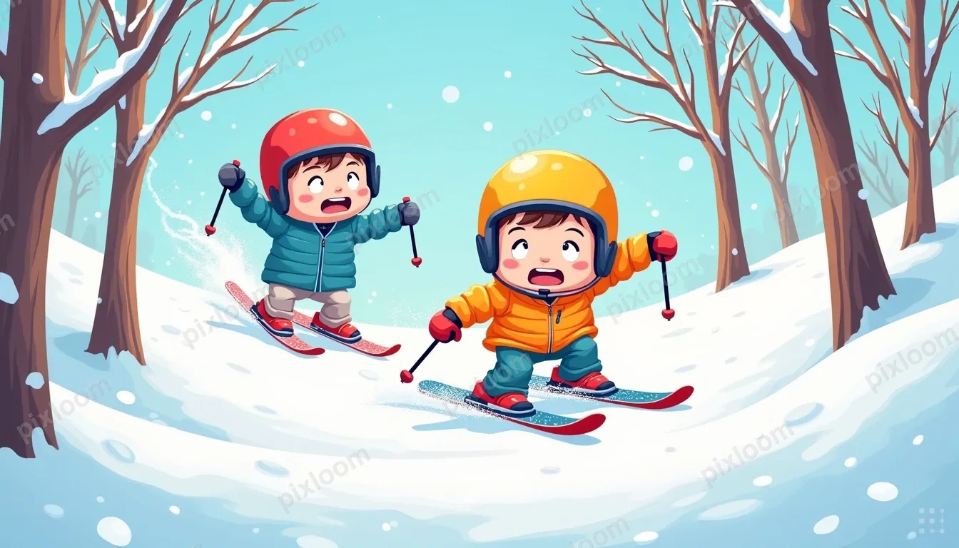 Rear view of a man and a boy skiing downhill through fresh p