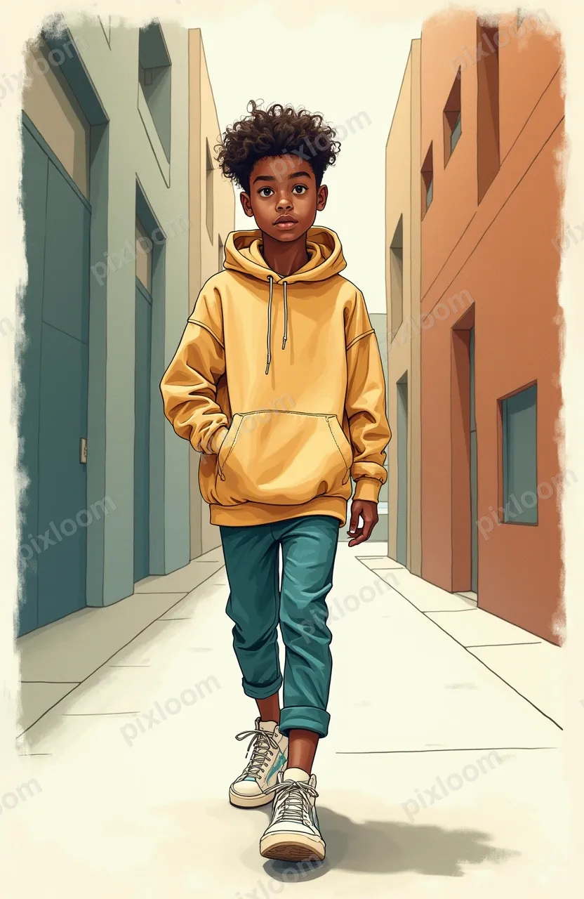 Fashion sketch of teen street style, oversized hoodie, sneak