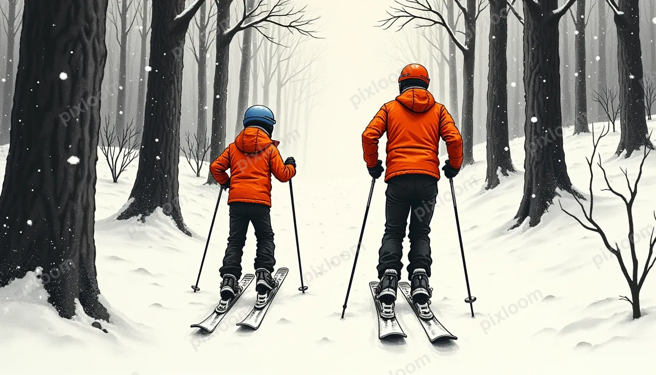 Rear view of a man and a boy skiing downhill through fresh p