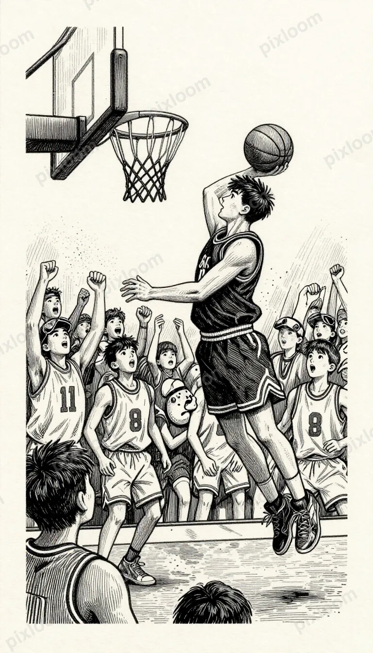Comic-teens style basketball game scene, player going for a 