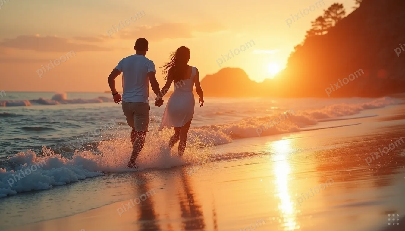 A man and a woman run hand-in-hand along a wet beach at suns