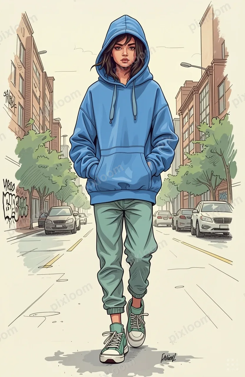 Fashion sketch of teen street style, oversized blue hoodie, 
