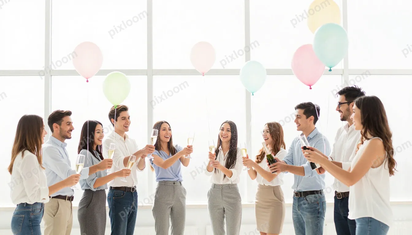 Team celebration in an office, champagne popping, balloons, 