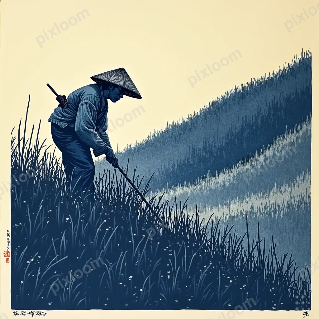 Woodblock print of a traditional farmer working terraced ric