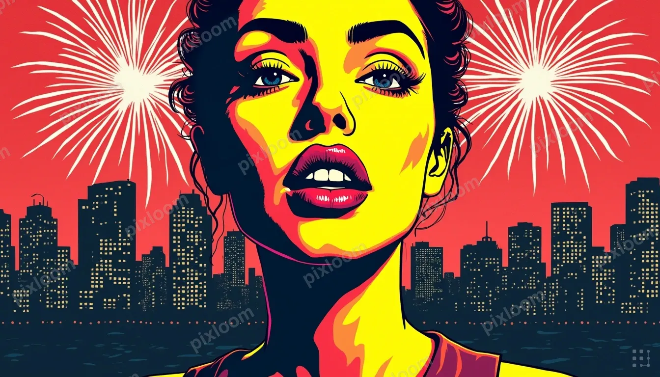 Pop art fireworks display over city skyline, bold neon burst