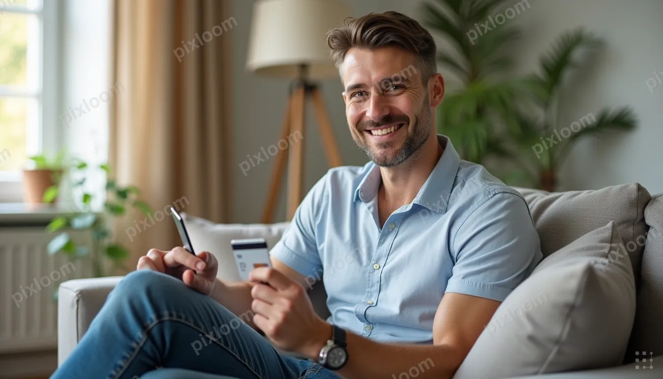 A man sits on a sofa in a living room, smiling as he holds a