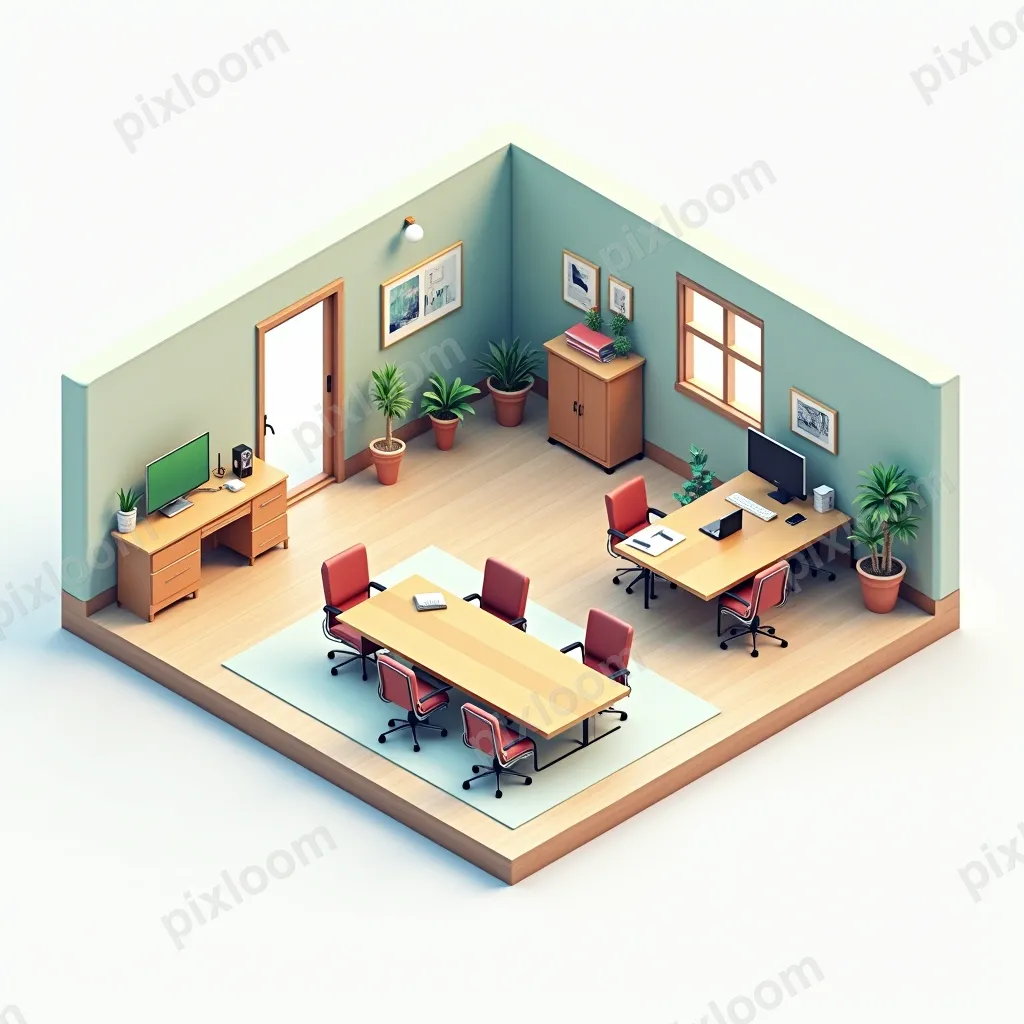 Isometric office floor plan — desks, meeting rooms, kitchen 