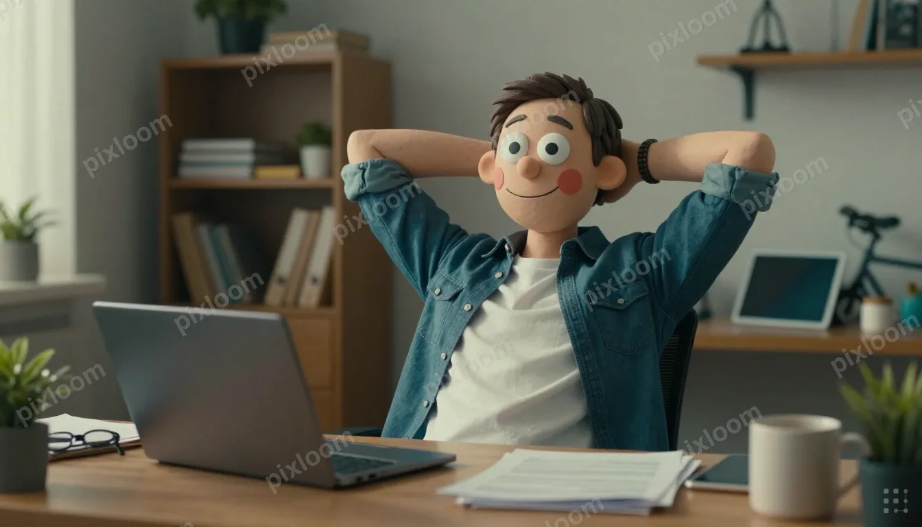 Man sits at a cluttered office desk, arms behind his head, s