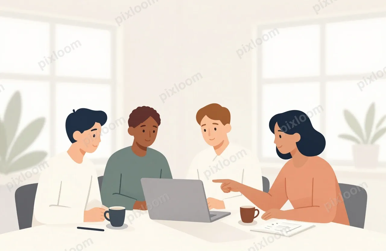 A diverse team of four people gathered around a laptop in a 