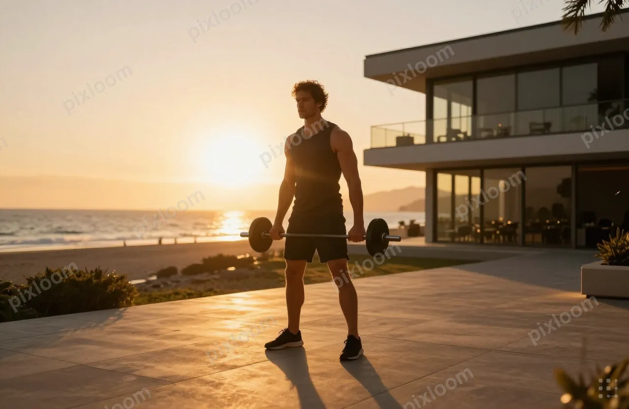 man in his mid-forties lifting weights on the deck of a mode