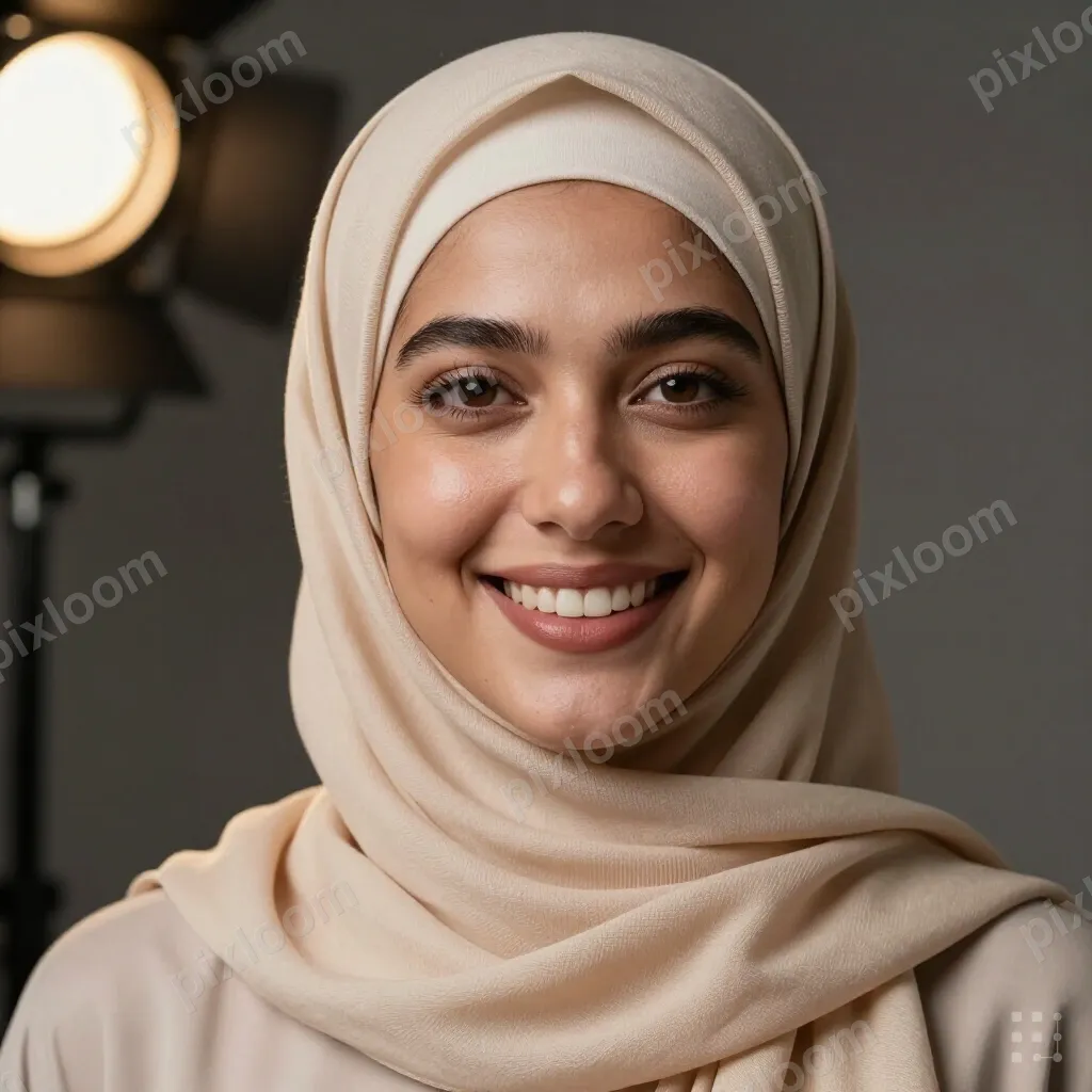 avatar of a woman in a hijab with a bright smile, studio lig