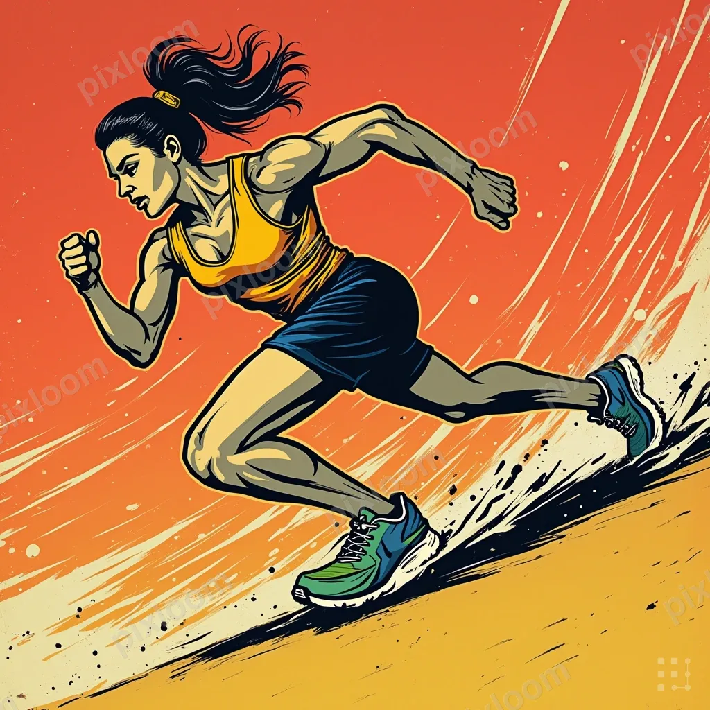 Pop art style running shoe, bold colors, speed lines, energe