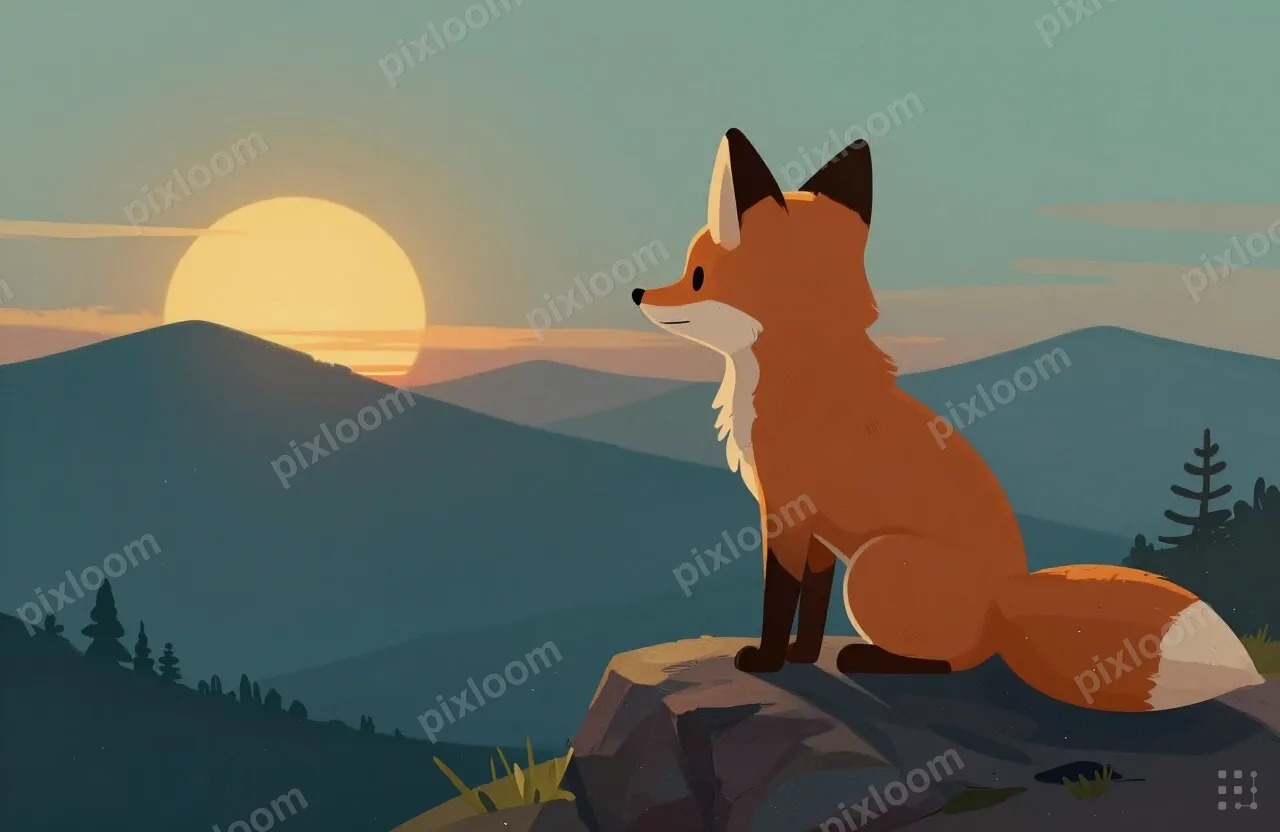 Storybook painting of a mountain at dusk, a fox on a rock wa