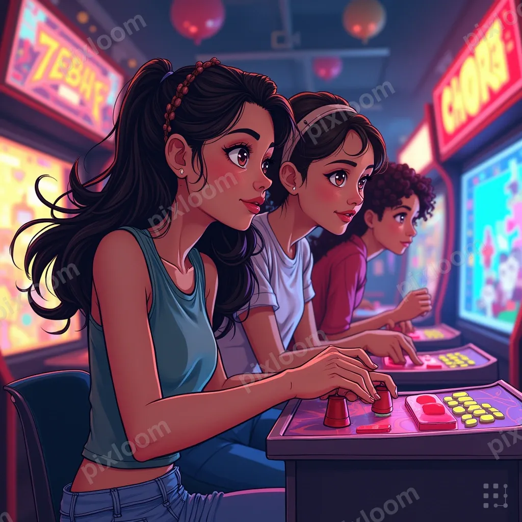 Comic-teens style friends at an arcade, playing classic game