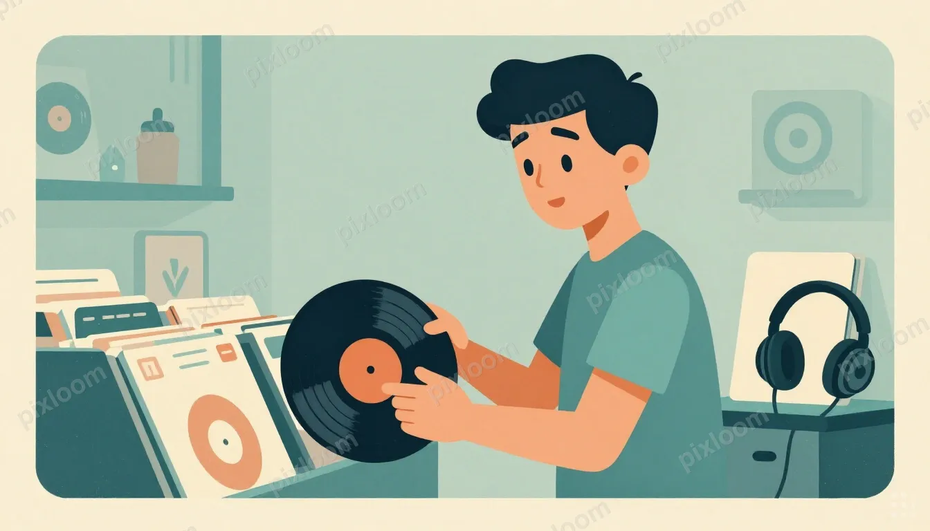 Retro editorial illustration of a teen record shop scene, vi