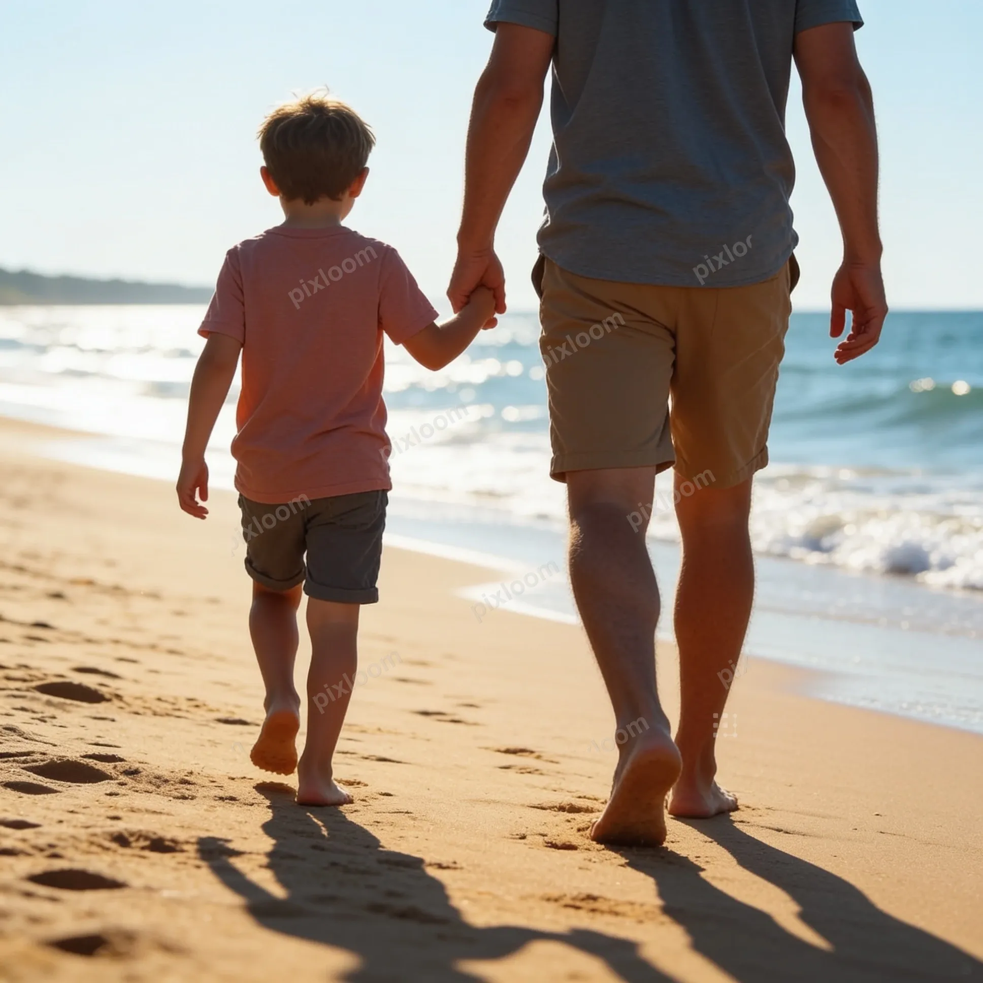 a boy walking on beach with dad